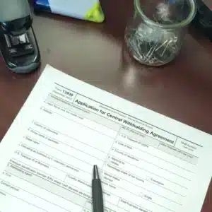 An application for central withholding agreement form.